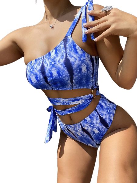 

allover print knot shoulder bikini swimsuit q9tt#, White;black