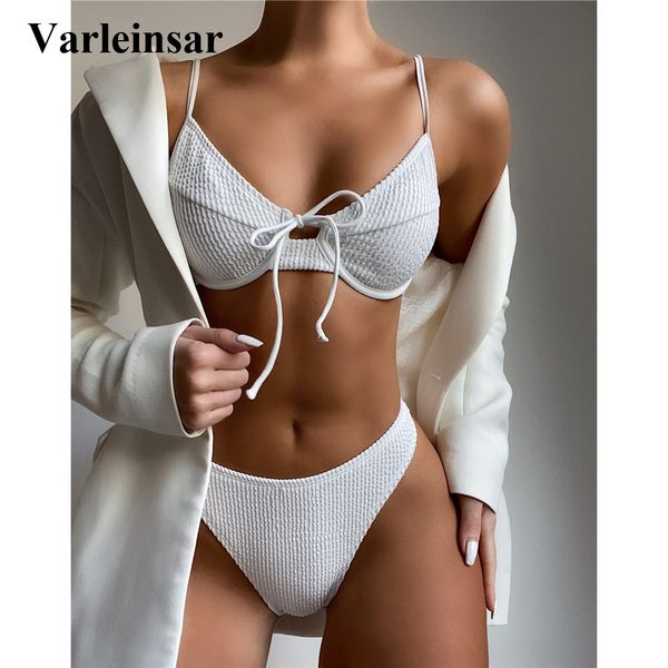 

new white wrinkled mid waist bikini women swimwear female swimsuit two-pieces bikini set bather bathing suit swim v3041, White;black