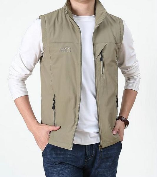 

summer thin vest jacket for men outdoor casual clothes lightweight short sleeve vests men's stand collar male trekking coat traveling, Black;brown