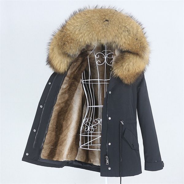 

oftbuy navy parka winter jacket coat women real fur coat parkas natural raccoon fur collar hooded warm soft faux fur liner 201128, Black