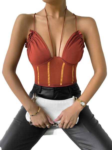 

crisscross tie back frill trim crop cami s4xa#, White