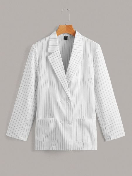 

pinstriped print double breasted patched pocket blazer n5fq#, White