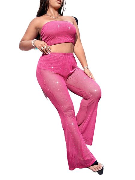 

plus sequin decor mesh tube & panty insert flare leg pants o11c#, Black