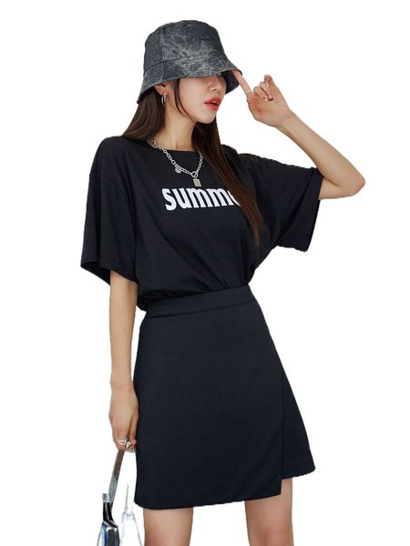 

dazy letter graphic drop shoulder tee & wrap hem skirt r3au#, White