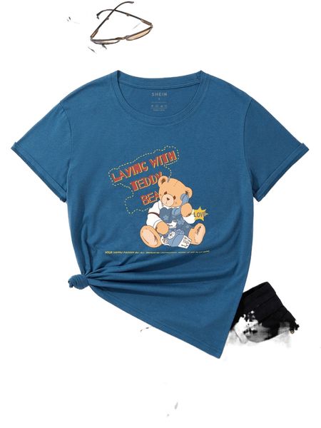 

cartoon bear & slogan graphic tee b98x#, White
