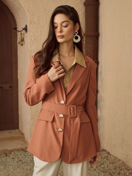 

flap detail lapel neck slit back belted blazer k7wz#, White