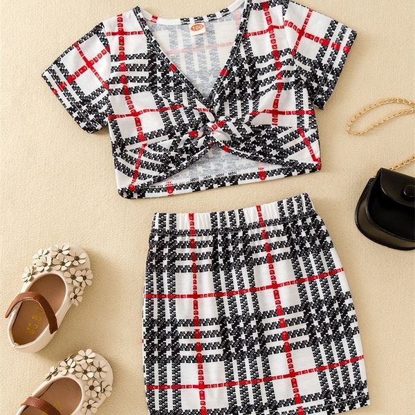 

toddler girls plaid print twist hem tee & skirt she07, White