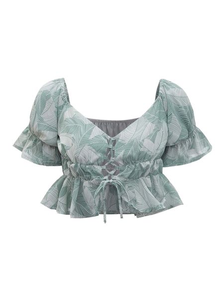

leaves print lace up ruffle hem v4mm#, White