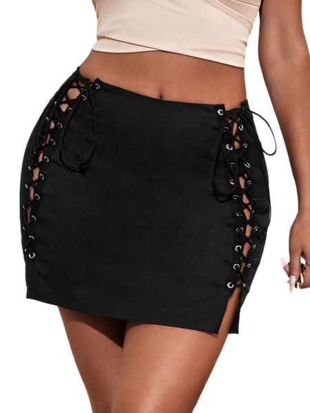 

sxy grommet lace up side skirt m9er#, Black