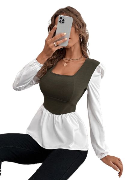 

two tone puff sleeve peplum k5b2#, White