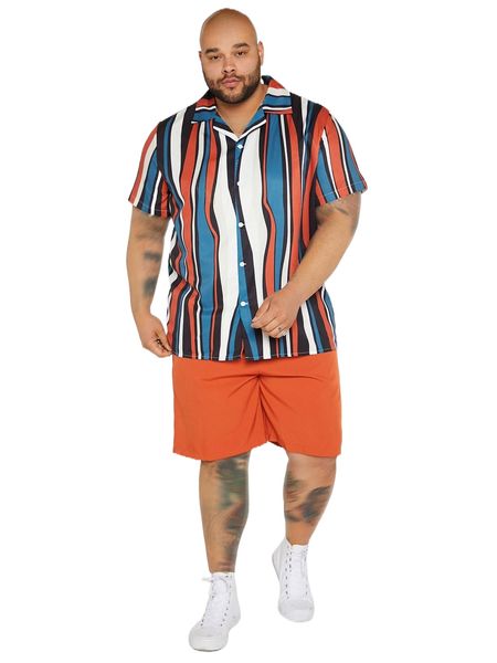 

extended sizes men random striped print shirt & shorts 16cp#, Gray