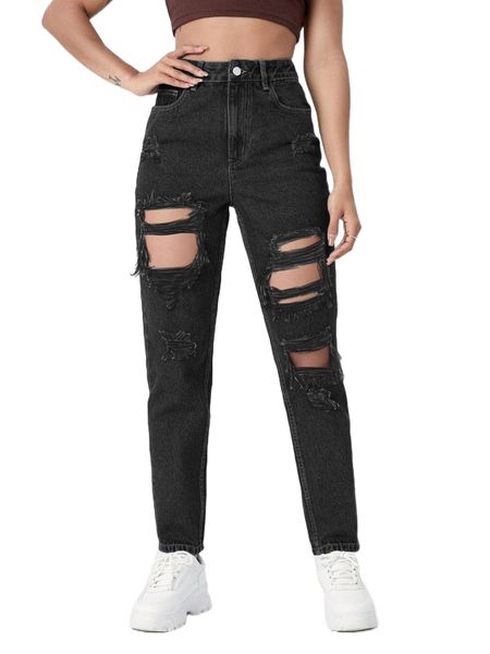 

high waist cut out ripped frayed straight leg jeans s2a3#, Blue