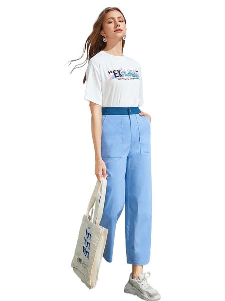 

slogan graphic drop shoulder tee & contrast tape straight leg pants 60jw#, White