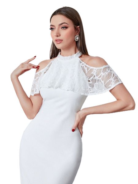 

mock neck lace insert cold shoulder dress m20x#, Black;gray