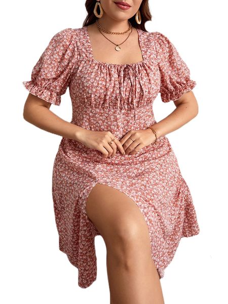 

plus ditsy floral ruched bust puff sleeve split hem dress u5r3#, Black