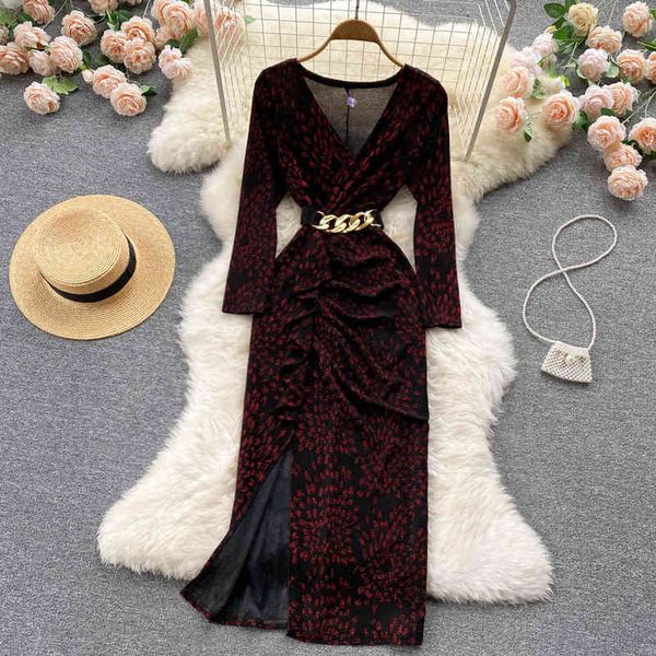 

casul dresses celebrity light mture style v-neck printed bnquet evening dress with slim wist nd split buttock vld0, Black;gray