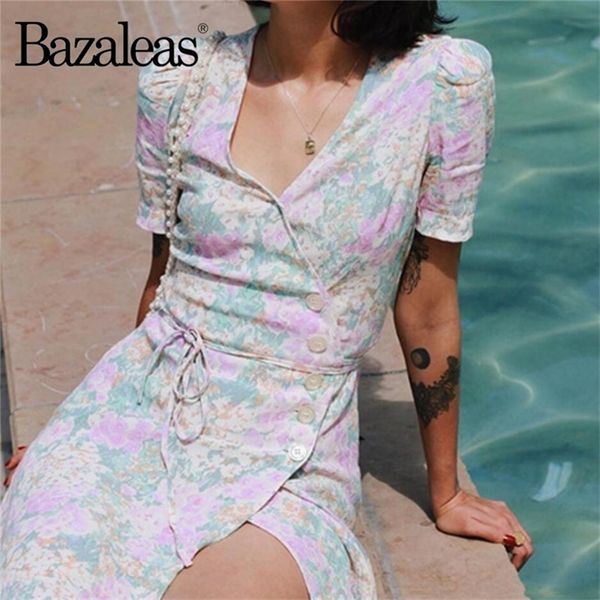 

bazaleas vintage gabin wrap dress france pastel hydrang print vestido fashion fastening tie side buttons women midi dress casual t200603, White;black