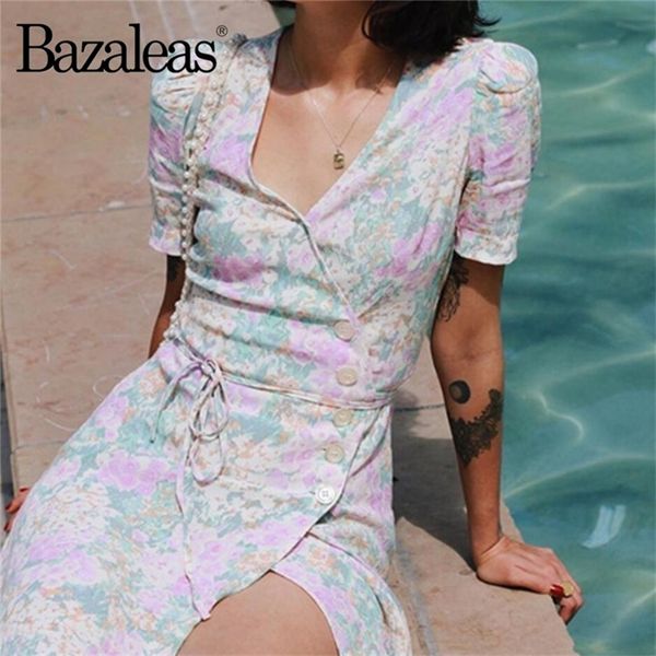 Bazaleas Vintage Gabin şal elbise Fransa pastel hidrang Baskı vestido Moda çakma kravat yan Düğmeler kadın midi elbise Casual T200603