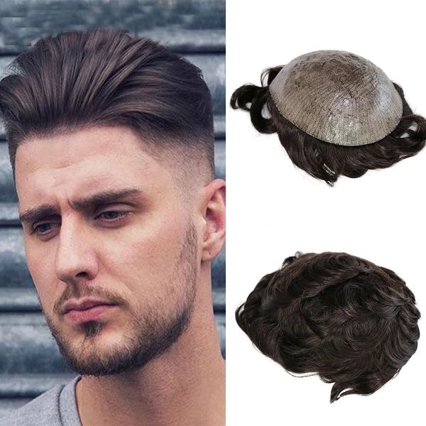 

100% human hair durable men's toupee soft thin skin pu system natural wave remy mens wig replacements toupee prosthesis for male, Black