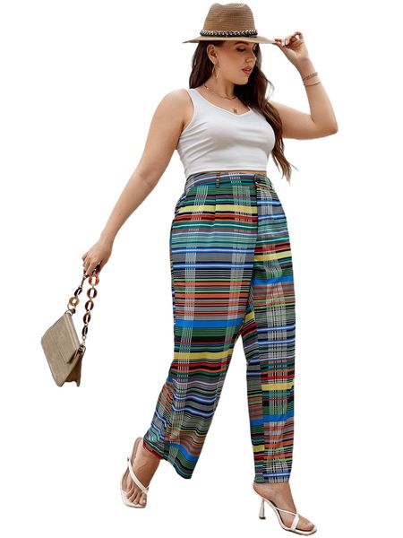 

plus high waist plaid wide leg pants q8st#, Black