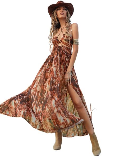 

leopard print split hem backless dress h89s#, Black;gray