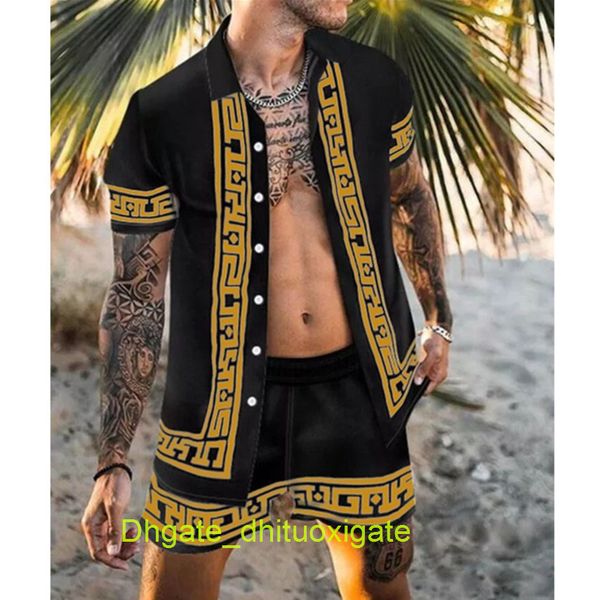 

summer men's casual shirts tracksuit hawaiian sets t-shirts printing luxury swim short sleeve button men shirt suit vacation beach fash, White;black