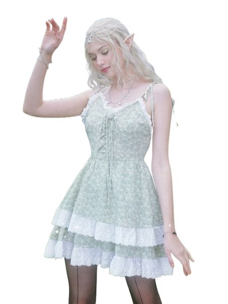 

romwe fairy grunge floral lace trim lace up sundress h6ij#, Black;gray