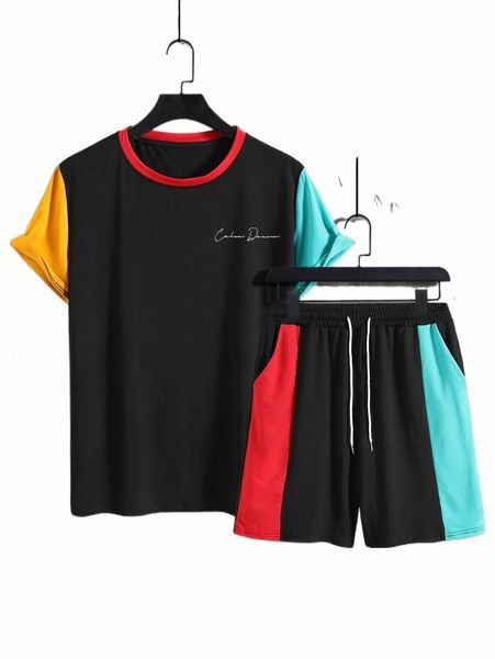

men letter graphic colorblock tee & shorts z6wo#, Gray