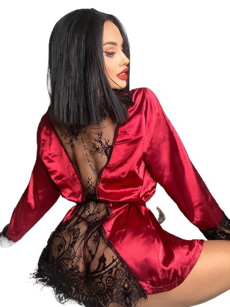 

contrast lace satin robe with belt & thong a1i3#, Black;red