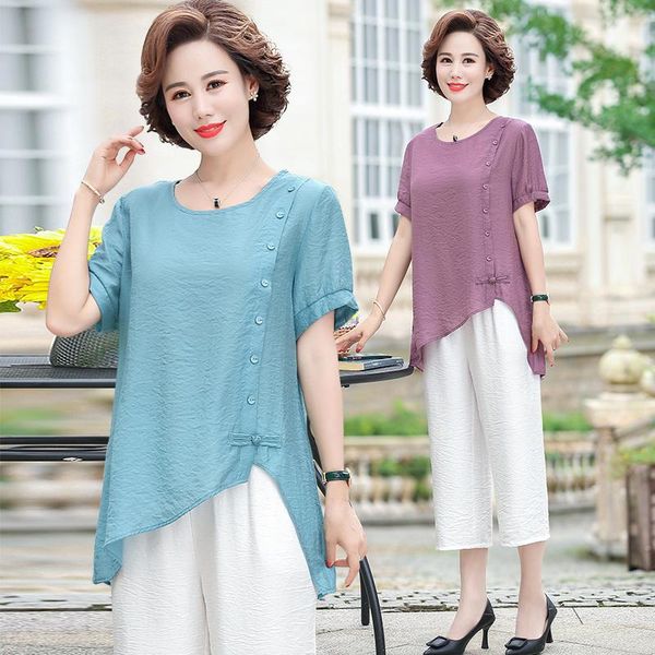

women's tracksuits pieces set 3xl 4xl women summer cotton clothing loose short sleeve mother o neck t-shirt elastic waist cropped pants, Gray