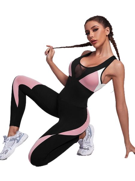 

colorblock contrast mesh backless sports jumpsuit b5pk#, Gray