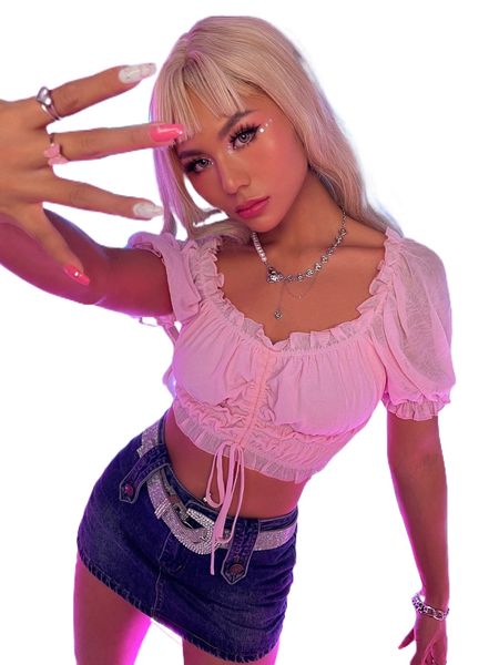 

puff sleeve drawstring front frill trim crop blouse n1bt#, White