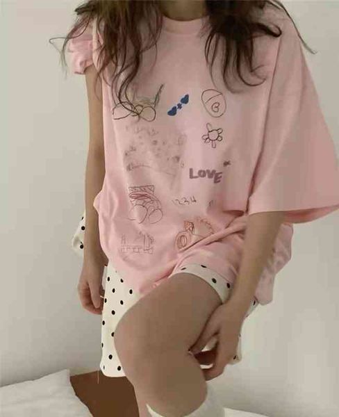 

women's t-shirt now h summer south korea dongdamen funny cartoon graffiti print round neck casual loose short sleeve t-shirt tlpu, White