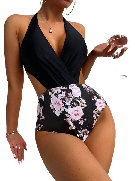 

floral print cut-out halter one piece swimsuit t9bw#, White;black