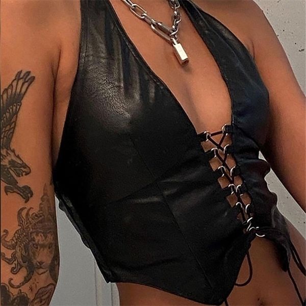 Goth Dark Grunge Pu Black Lace Up Gothic Halter Top Punk Ecopelle Donna Scava Fuori Sexy Camis Fashion Streetwear Crop Top 220407