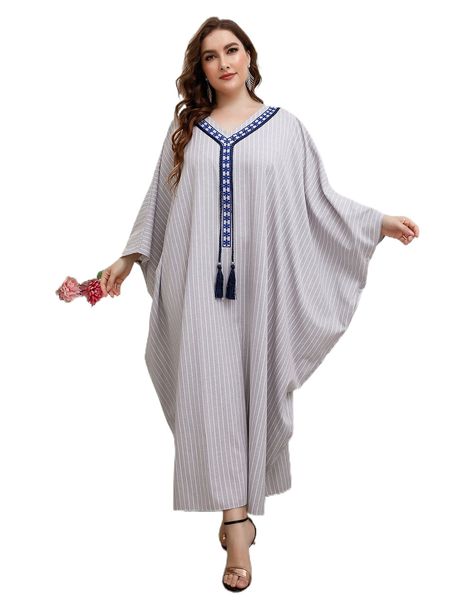 

plus striped fringe kaftan dress t7ye#, Black