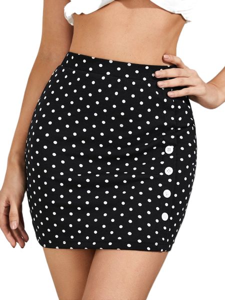 

polka dot fake button bodycon skirt u3yb#, Black