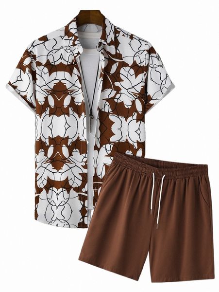 

men random floral print shirt & drawstring waist shorts without tee 08ow#, Gray