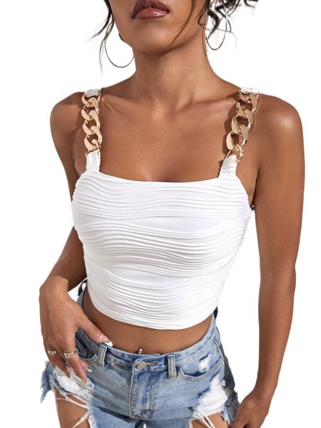 

chain detail textured crop cami l21t#, White