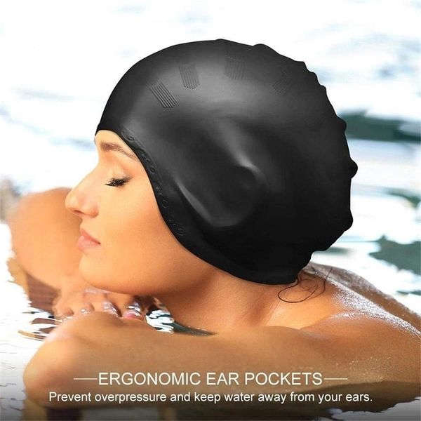 Adultos Natação Caps Homens Mulheres Cabelo Longo À Prova D 'Água Piscina Cap Orelha Proteger Grande Natacion Badmuts Silicone Mergulho Chapéu 220621