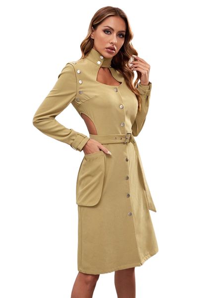 

x alisa cut out big pocket belted detachable sleeve coat b6md#, Black