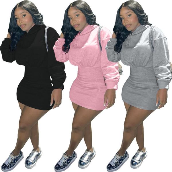 Vestidos casuais para mulheres 2022 moda com capuz coletar cintura cor sólida rua wear sexy algodão magro hoodie mini vestido atacado