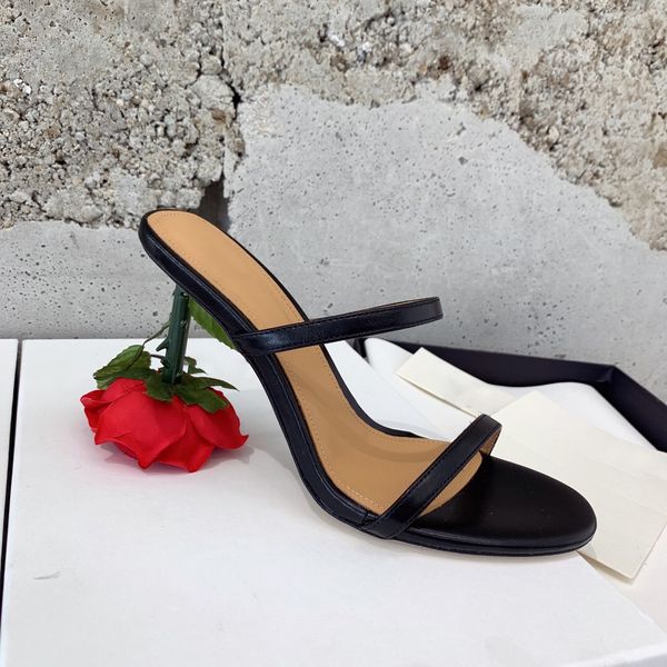 

rose-heel embellished heeled sandals smooth leather outsole open toes vamp strap stiletto heels for women party shoes 9.5cm heel luxury desi, Black