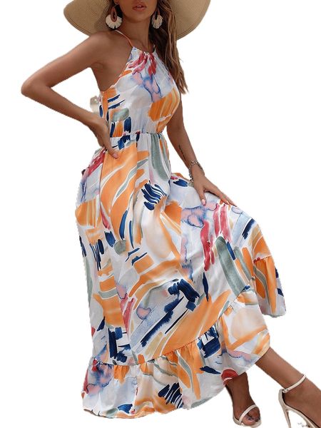 

brush print tie back ruffle hem dress a3mi#, Black;gray