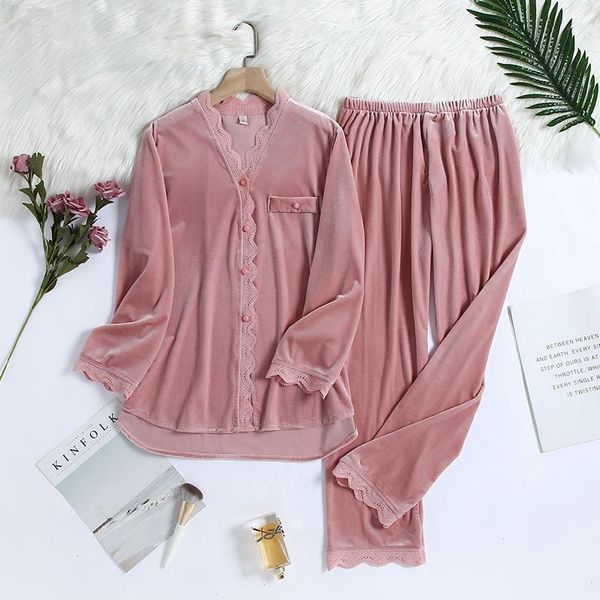 

pyjamas women winter velvet pajama set lace sleepwear pjs ladies long sleeve shirts pants pijama nightwear velour home suit, Black;red