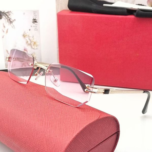 Modern Rimless Kadın Güneş Gözlüğü Tasarımcı Adam Dikdörtgen Gözlükler Çerçeveler 24K Altın Kaplama Kol Basit Işık Rahat Yaz Güneşleri UV400 Moda Süs