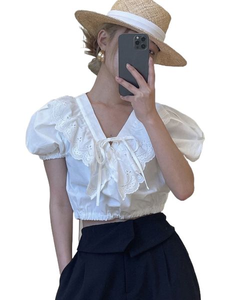 

dazy eyelet embroidery tie front puff sleeve blouse q1cj#, White