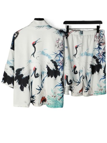 

men random crane & floral print kimono & shorts without tee n3x0#, Gray