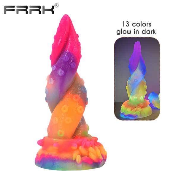 FRRK Luminoso Polpo Tentacolo Dildo con Ventosa per Le Donne La Vagina Masturbarsi 13 Colori NEO Glow in Dark Fantasy Giocattoli sexy