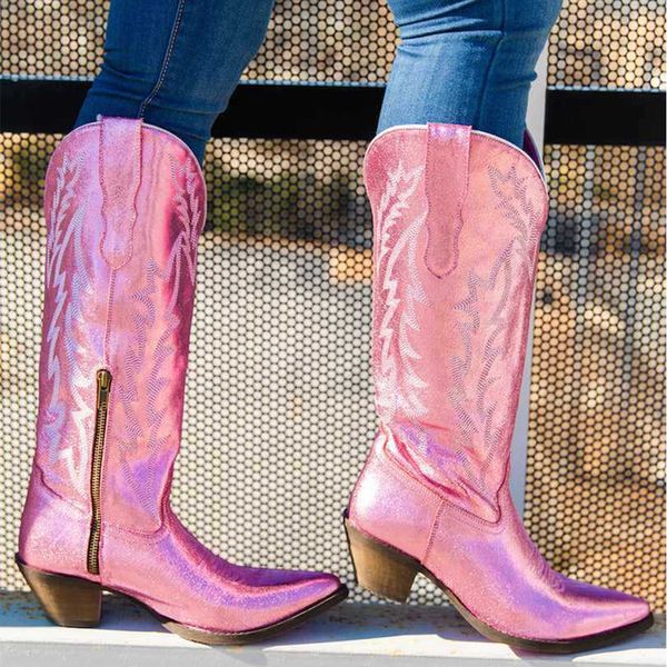 Ковбойские розовые ковбойские сапоги для женщин, ботинки в стиле вестерн с острым носком и вышивкой, на массивном каблуке до середины икры, блестящие туфли 220725